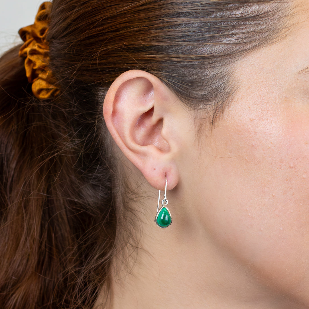 Teardrop malachite earrings in sterling silver ON MODEL