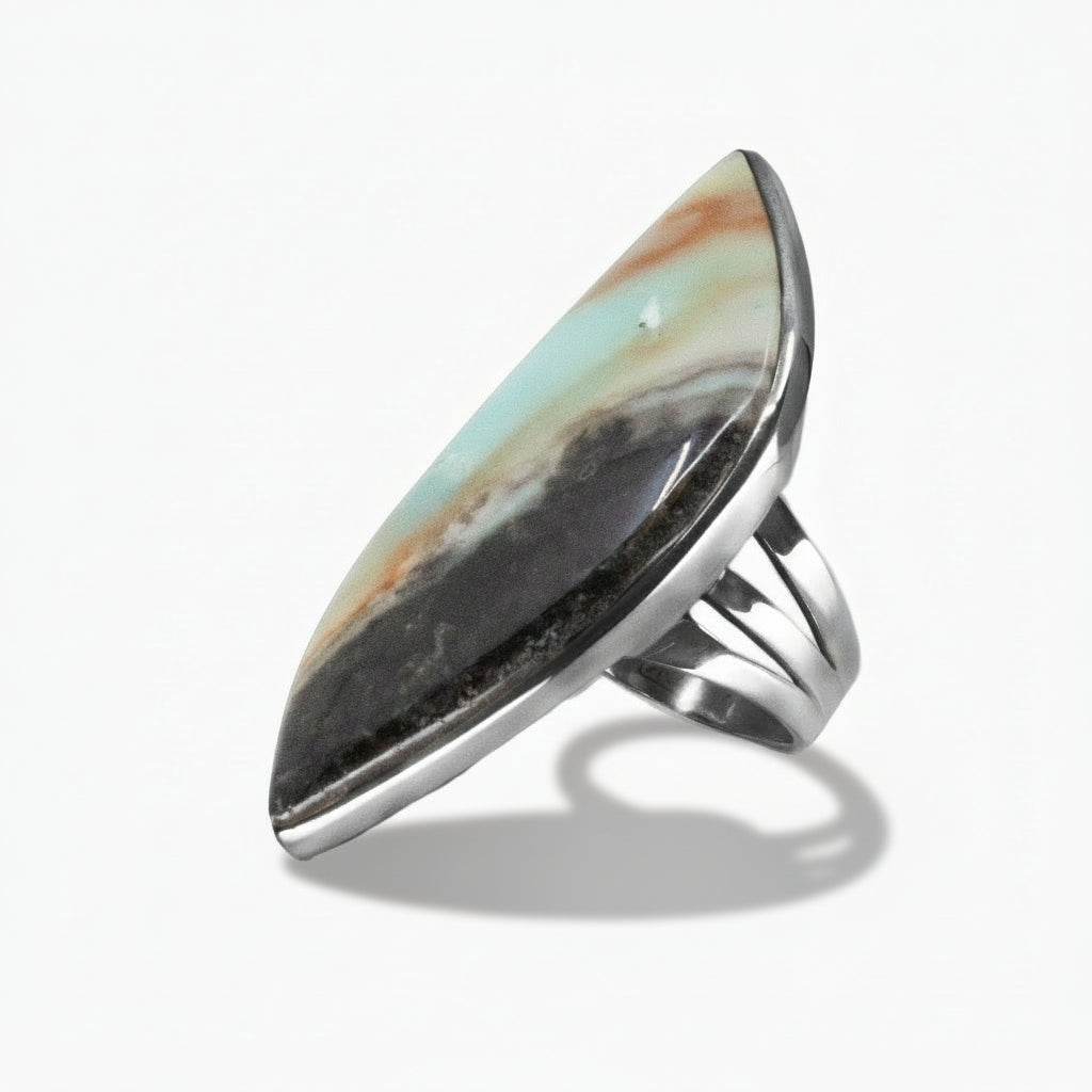 Quartzite cabochon ring in sterling silver featuring soft, natural quartz glow. MADE IN EARTH