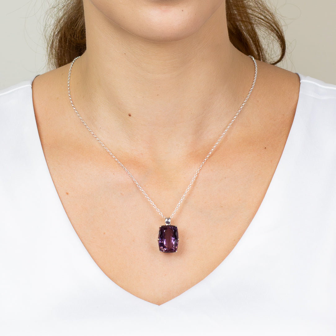 Faceted rectangle amethyst necklace in sterling silver ON MODEL