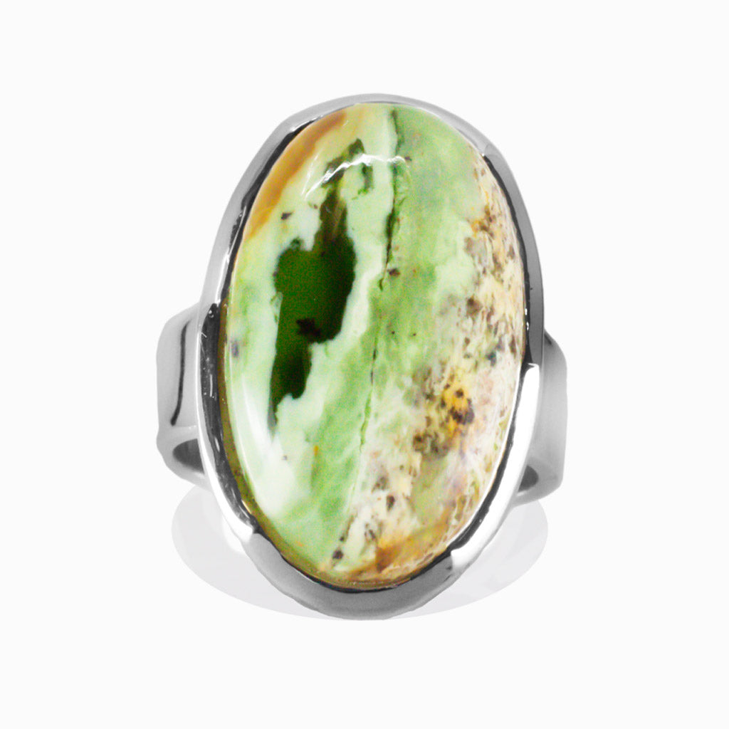 CABOCHON CHROME CHALCEDONY OVAL RING STERLING SILVER | MADE IN EARTH
