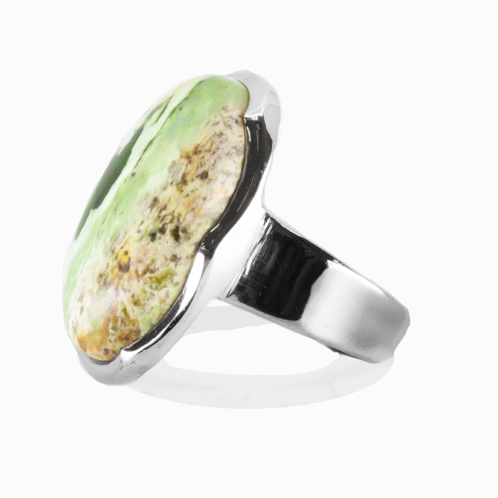 CABOCHON CHROME CHALCEDONY OVAL RING STERLING SILVER | MADE IN EARTH