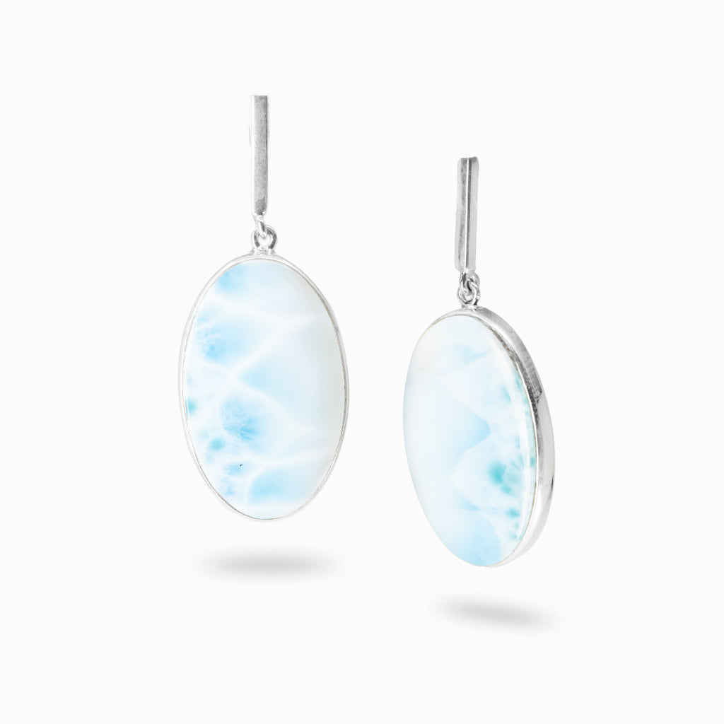 Larimar oval cabochon stud drop earrings in sterling silver