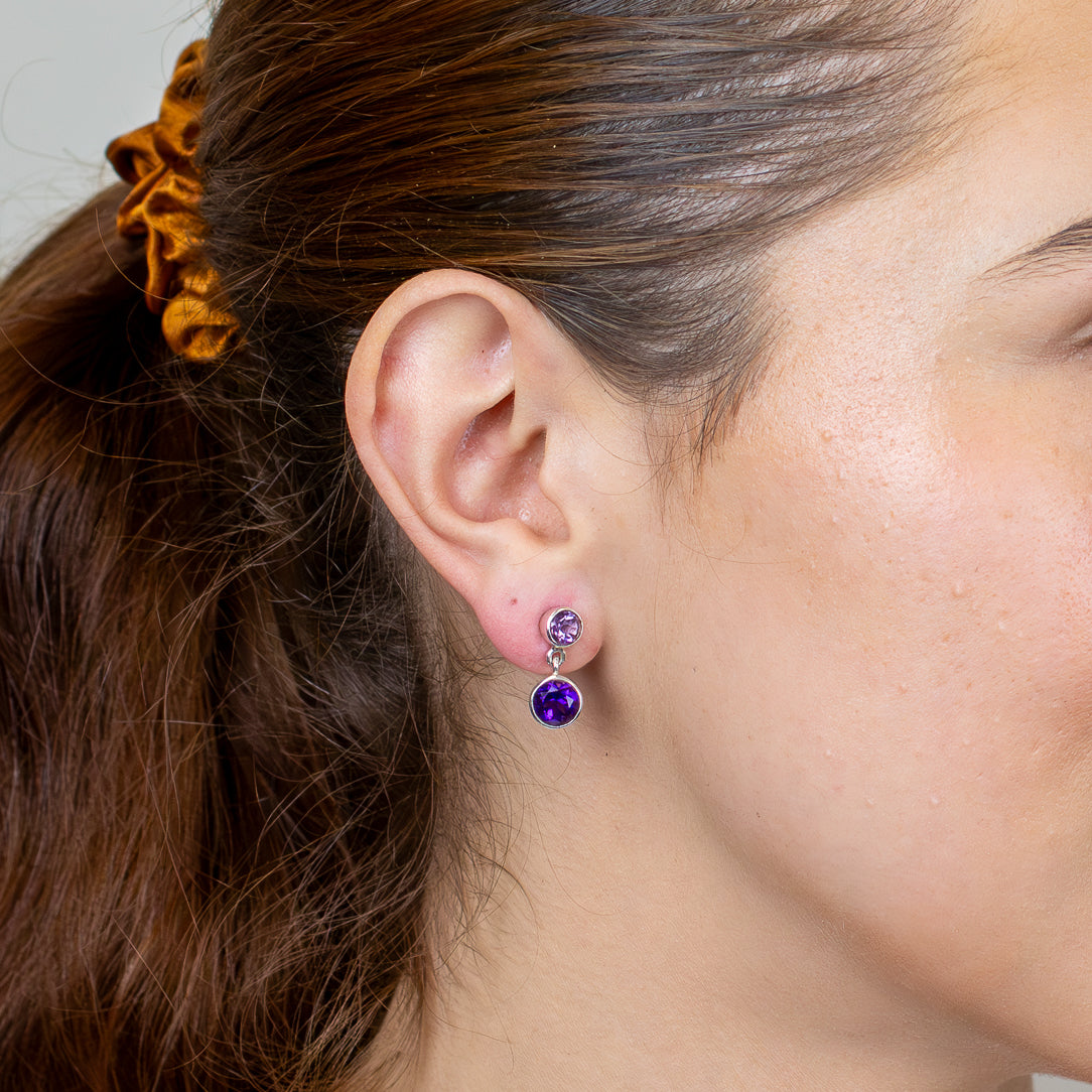Faceted double amethyst stud drop earrings in sterling silver ON MODEL