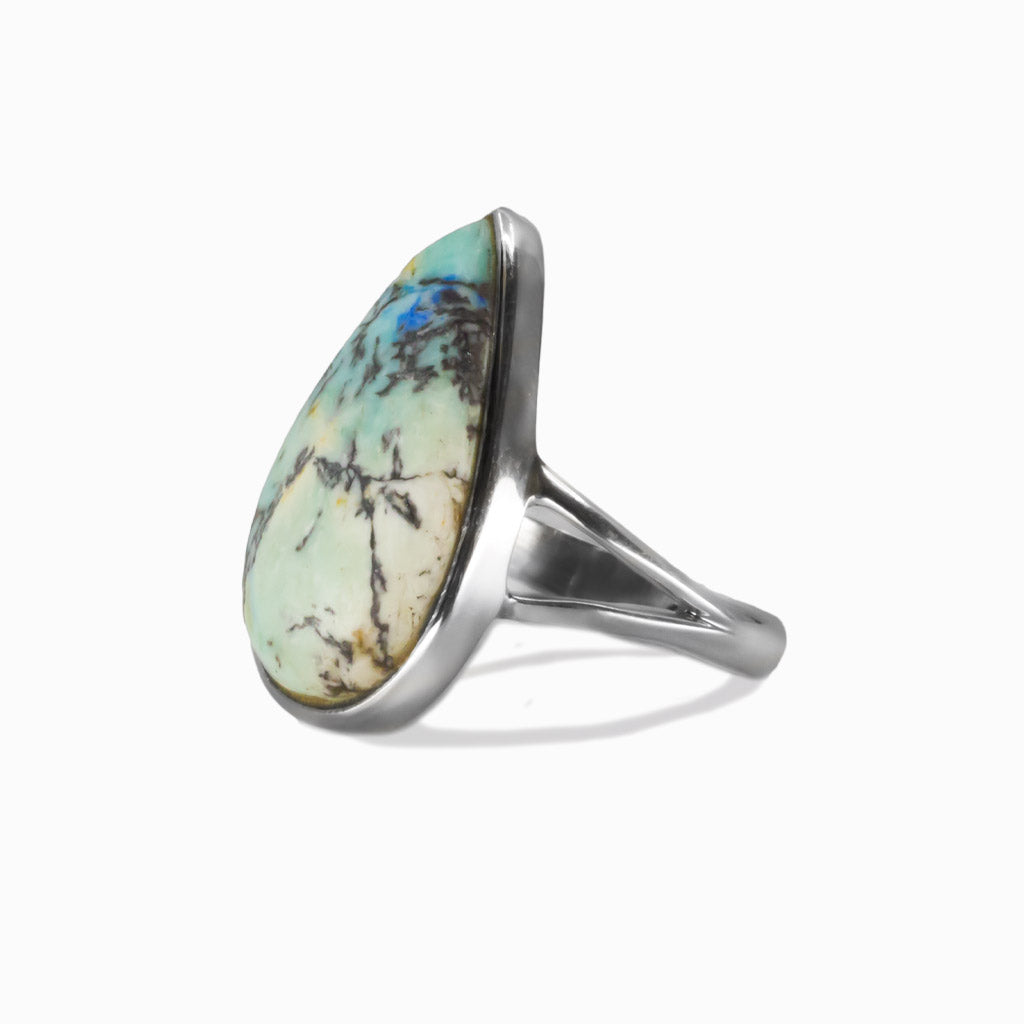 Azurite Turquoise teardrop cabochon bezel ring in sterling silver featuring rich blue gemstone. | MADE IN EARTH