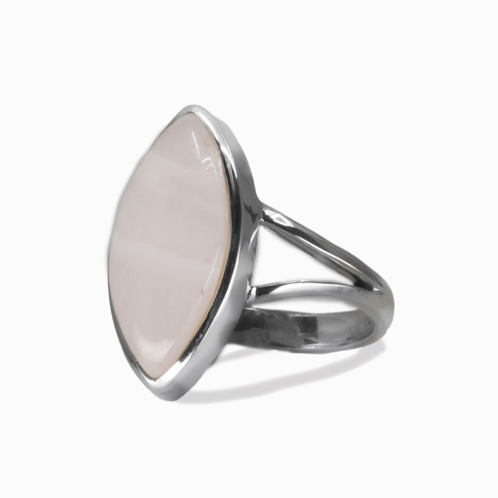 Mangano Calcite marquise cabochon bezel ring in sterling silver with soft pink gemstone. | MADE IN EARTH