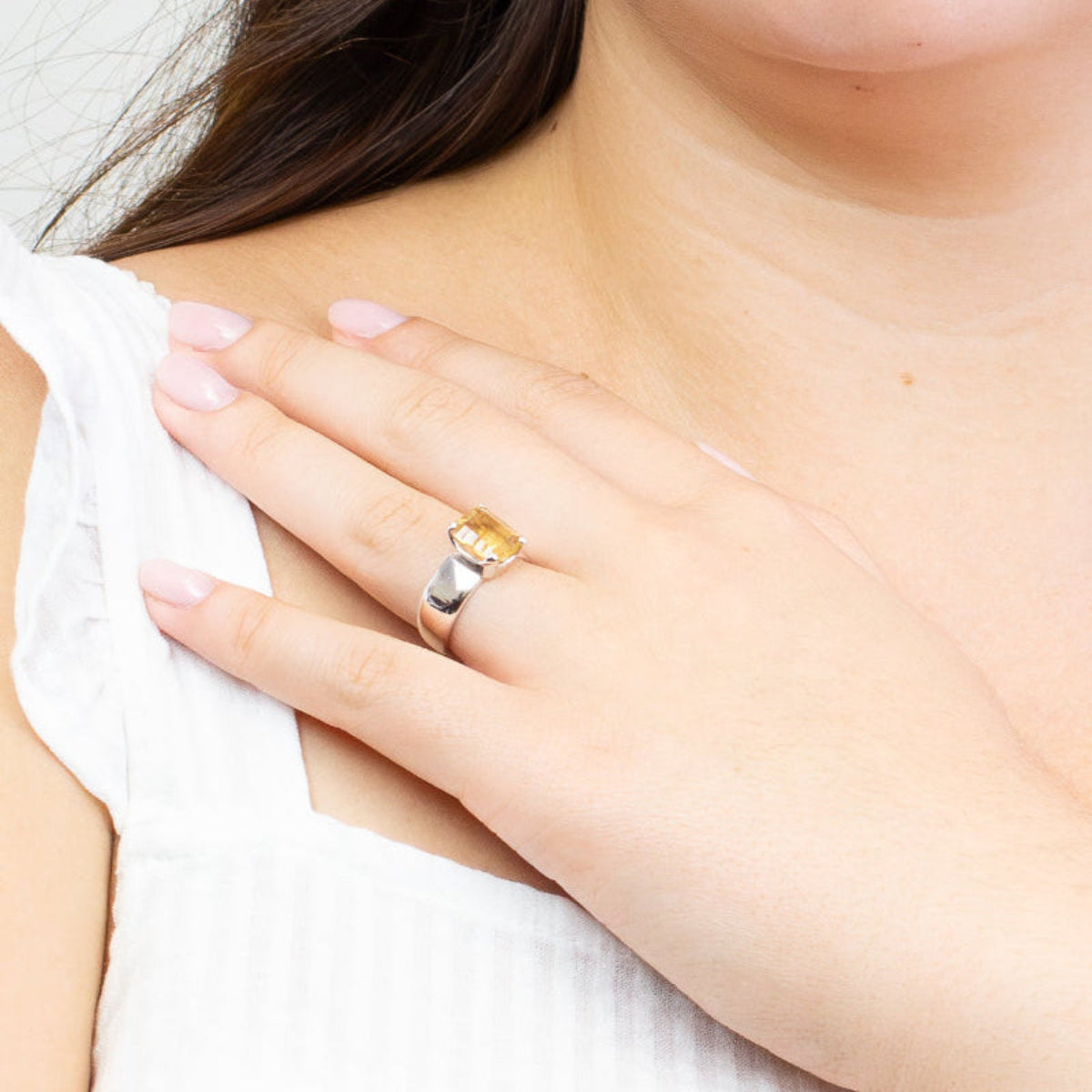 Radiant-cut Citrine ring set in polished sterling silver with vibrant golden yellow quartz. | MADE IN EARTH