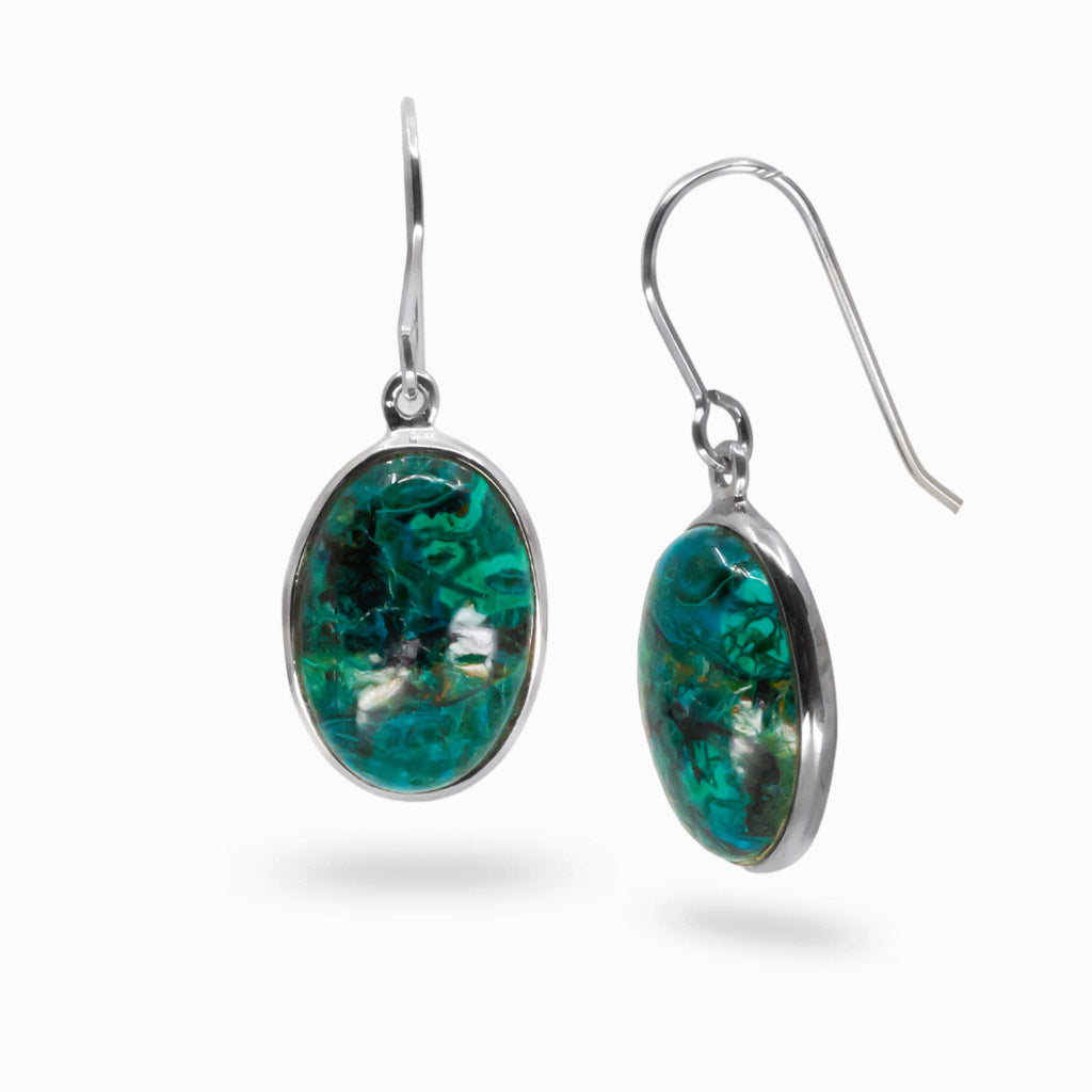 CABOCHON CHRYSOCOLLA MALACHITE OVAL DROP EARRINGS STERLING SILVER | MADE IN EARTH