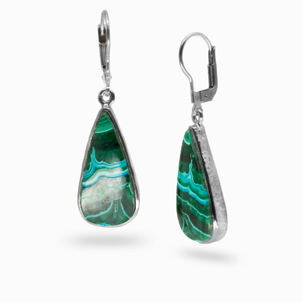 Chrysocolla and Malachite teardrop cabochon bezel drop earrings in sterling silver with French clasp, rich blue and green tones. | MADE IN EARTH