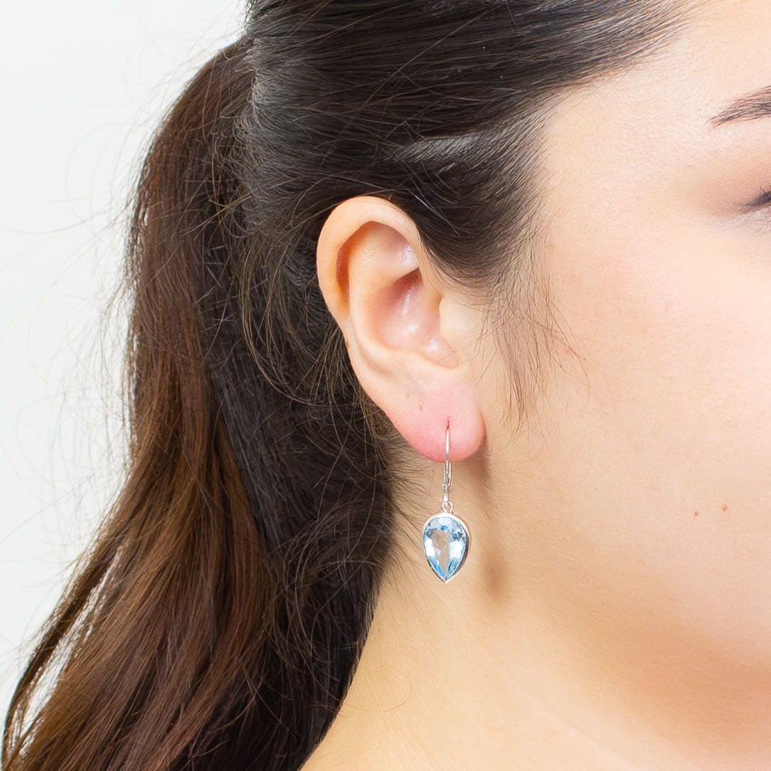 London Blue Topaz faceted drop earrings in sterling silver with French clasp, vibrant deep blue gemstones | MADE IN EARTH