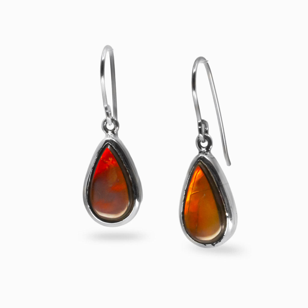 Ammolite teardrop cabochon bezel drop earrings in sterling silver featuring iridescent rainbow colors | MADE IN EARTH