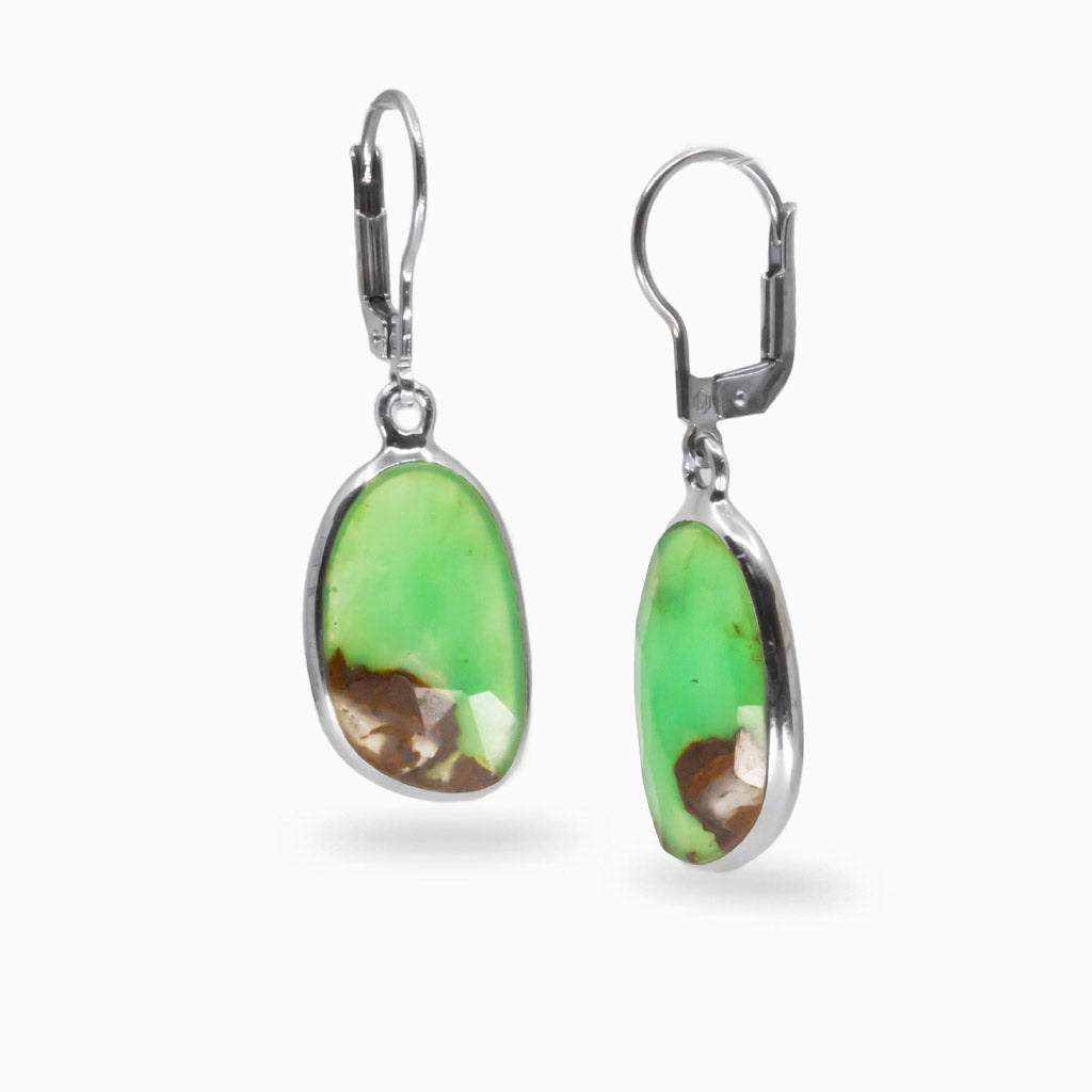 Faceted Chrysoprase bezel drop earrings in sterling silver with French hook, showcasing vivid apple-green gemstones. | MADE IN EARTH