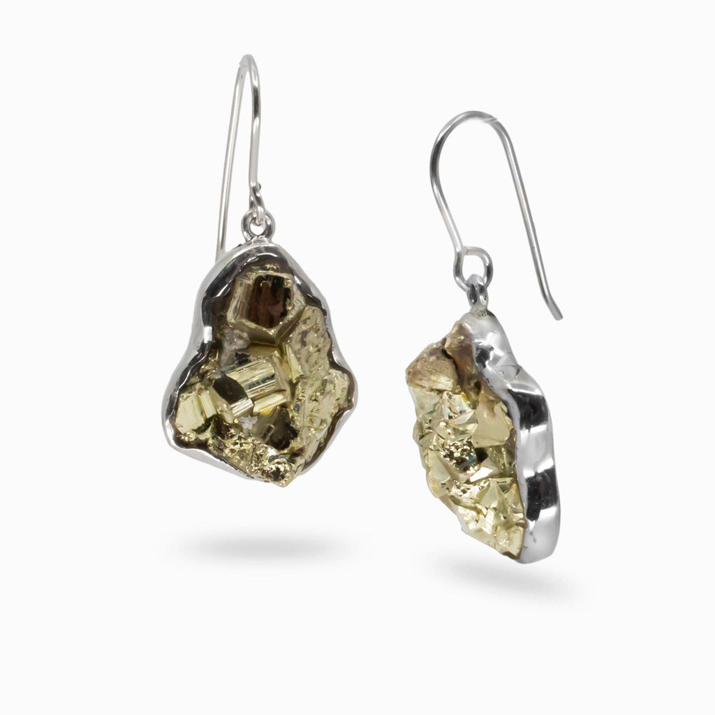 Pyrite crystal cluster drop earrings in sterling silver with sparkling golden metallic crystals. | MADE IN EARTH