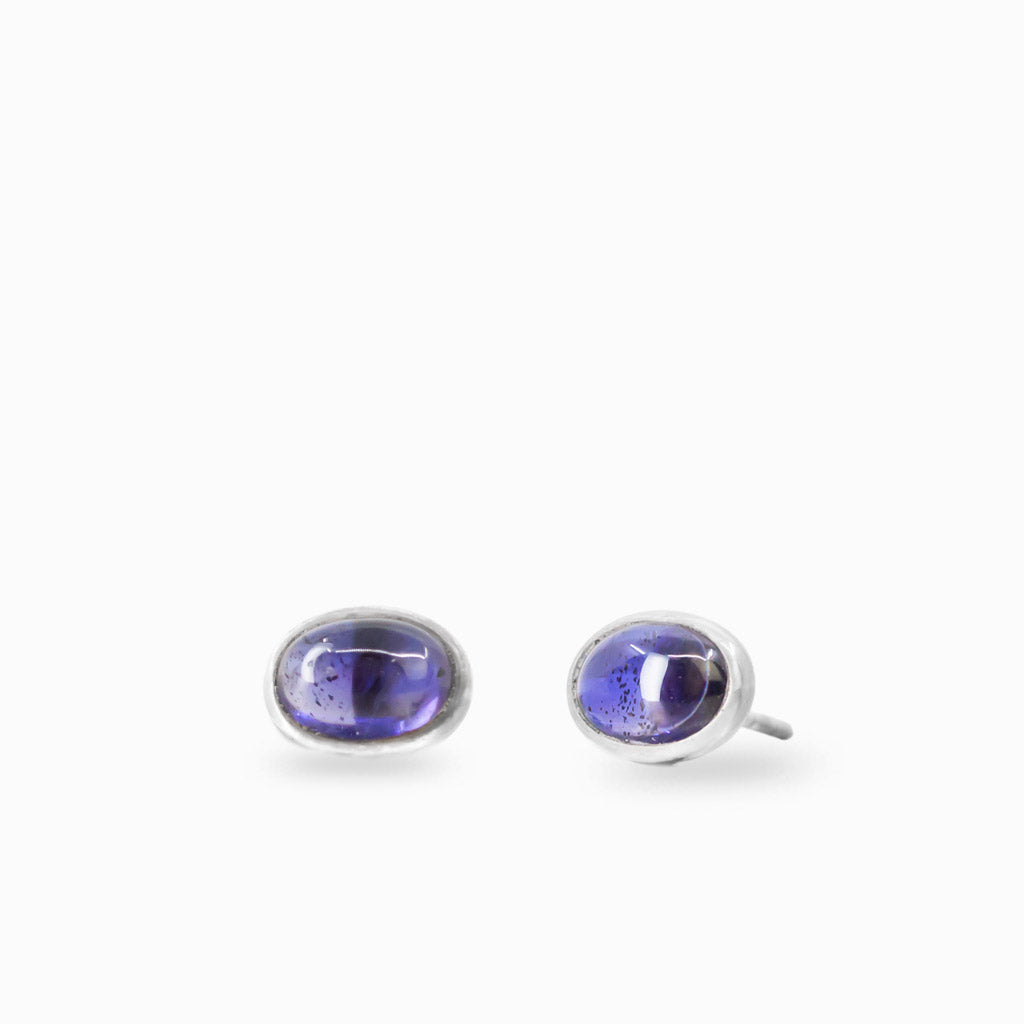 Oval iolite cabochon stud earrings in sterling silver