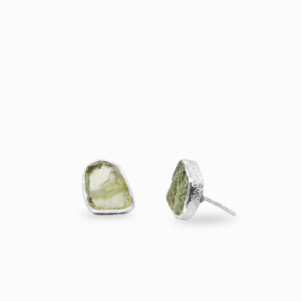Raw moldavite textured bezel stud earrings in sterling silver