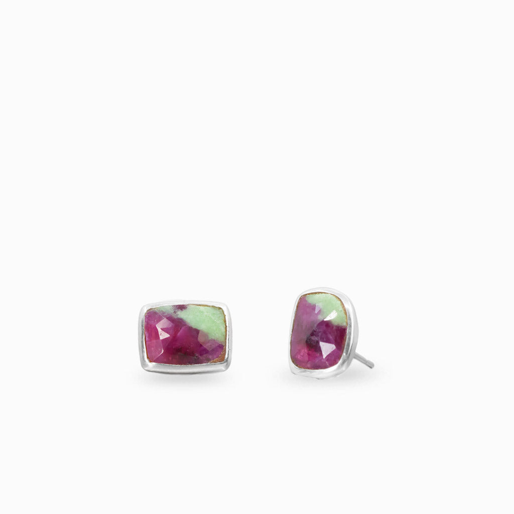 Faceted ruby zoisite stud earrings in sterling silver