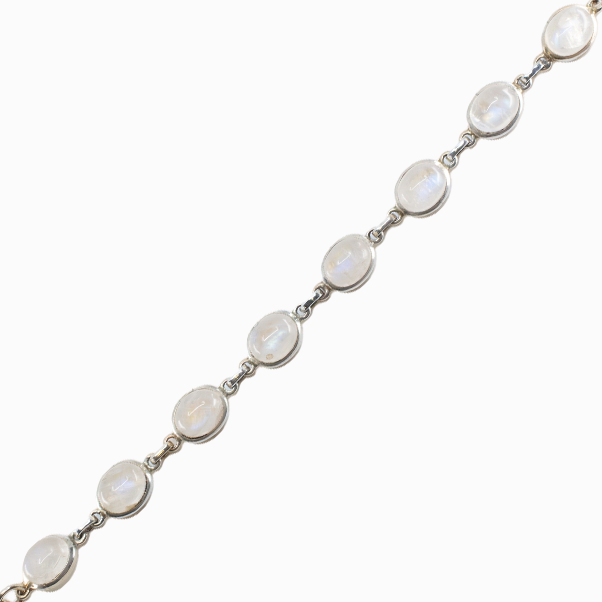 Rainbow Moonstone oval cabochon bracelet in sterling silver.