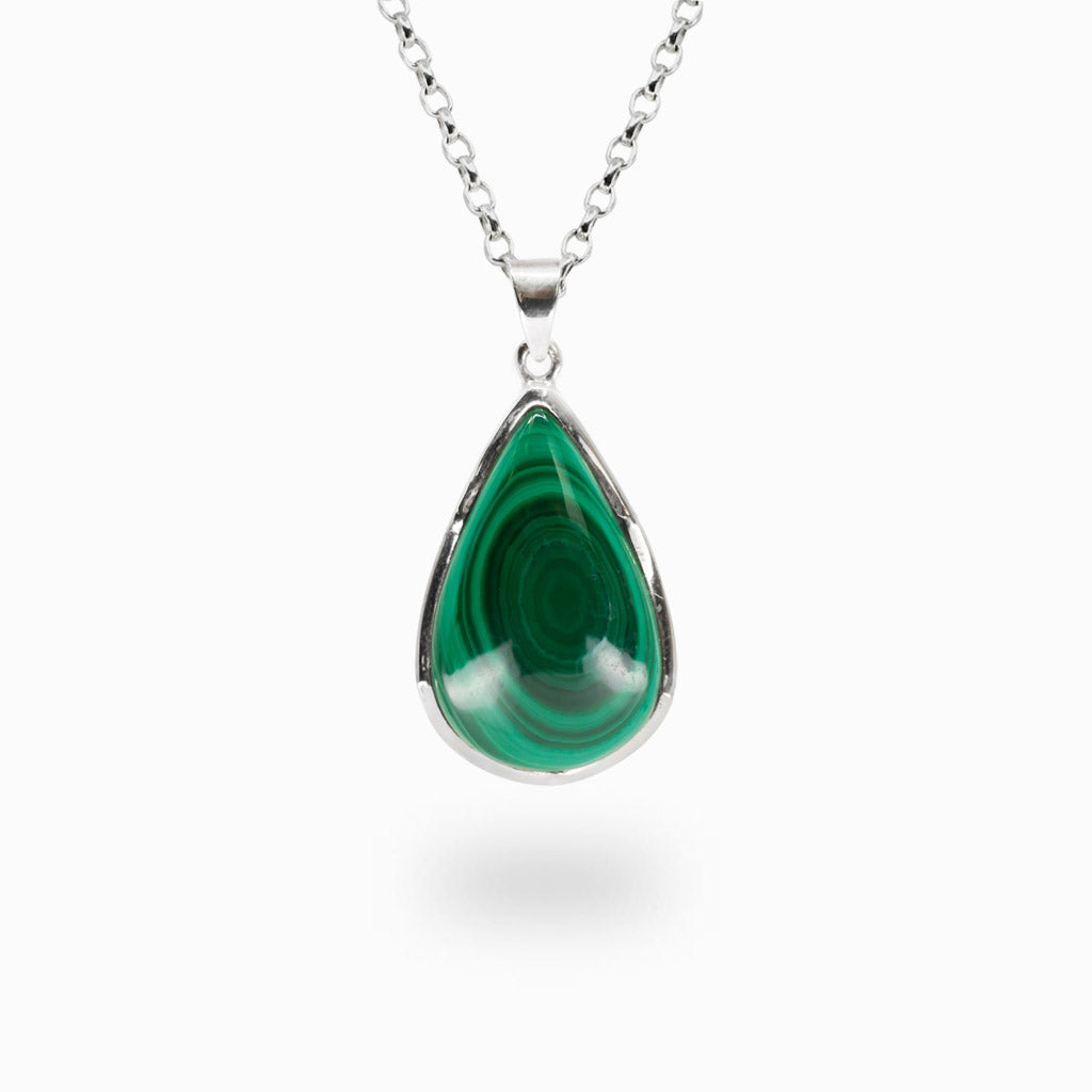 Pear-shaped Malachite gemstone pendant with natural green banding set in sterling silver on a matching silver chain.
