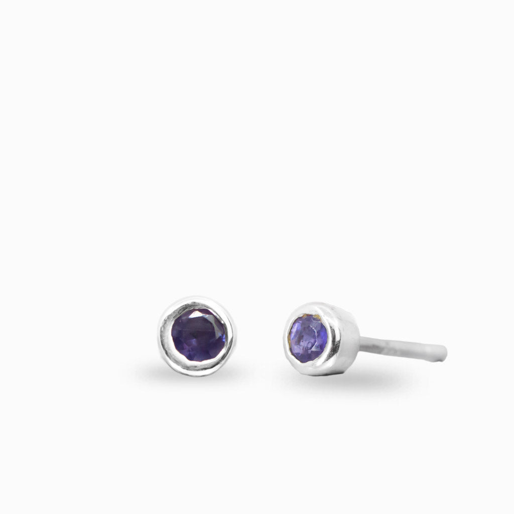 Faceted round iolite stud earrings in sterling silver