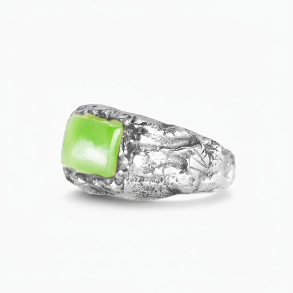 Nephrite Jade rectangular cabochon ring in textured sterling silver with bright green gemstone | MADE IN EARTH