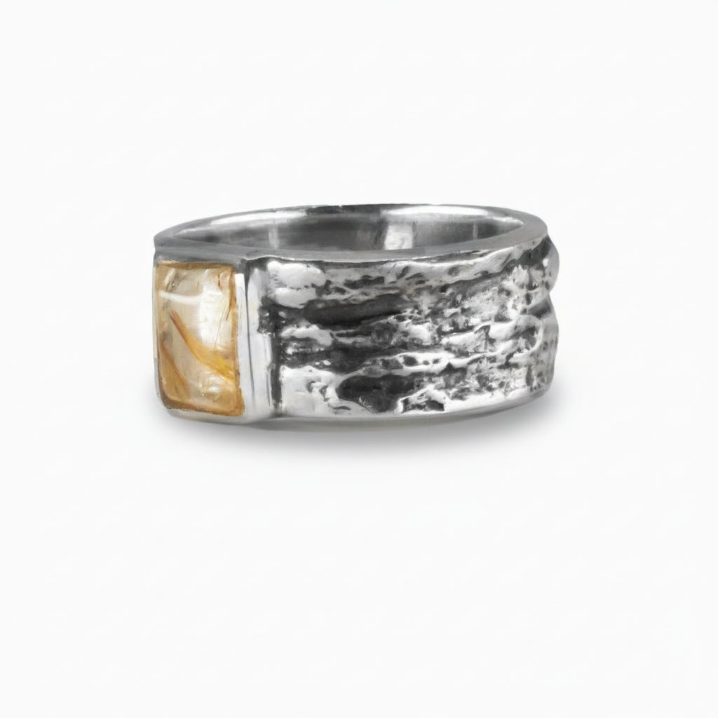 Golden Rutilated Quartz rectangular cabochon ring in textured sterling silver with visible golden rutile threads | MADE IN EARTH