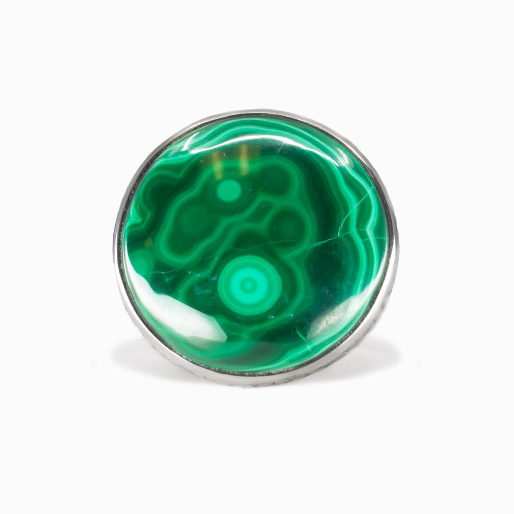CABOCHON ROUND GREEN MALACHITE RING WITH TEXTURED BAND STERLING SILVER | MADE IN EARTH