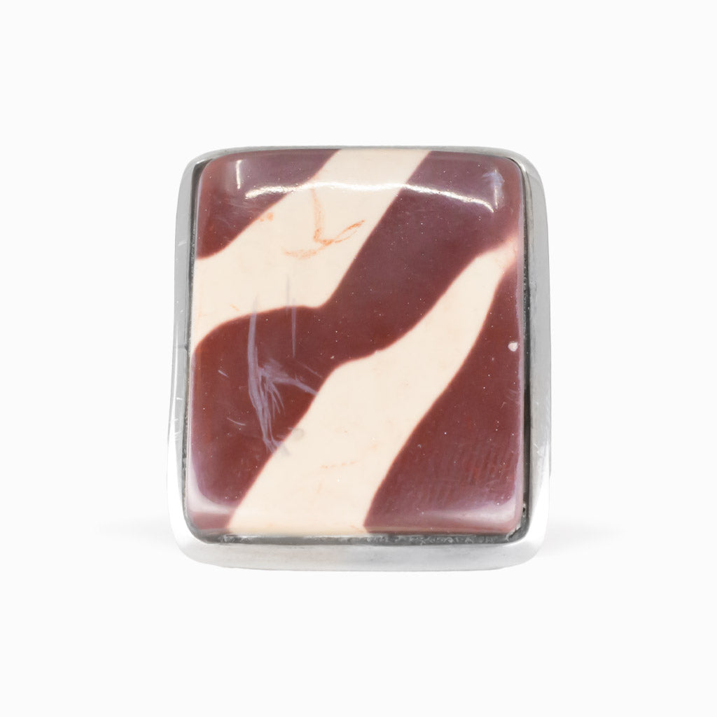Rectangle zebra stone cabochon ring set in sterling silver with brown and cream striped patterns