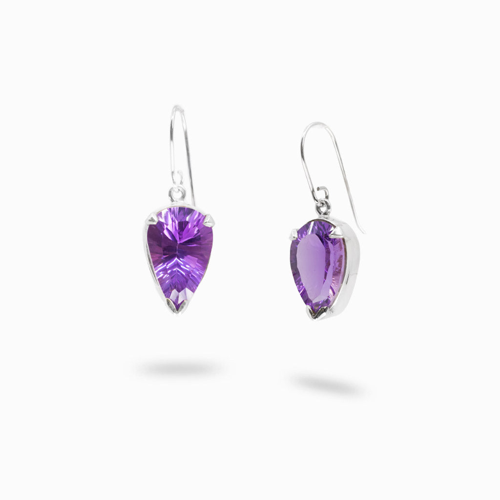 Faceted pear cut amethyst earrings in sterling silver