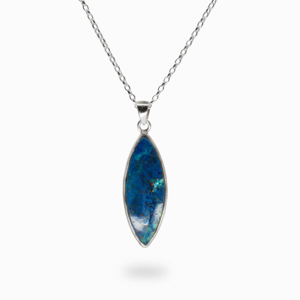 Marquise Shattuckite necklace in sterling silver with deep blue and green ocean-like mineral pattern. | MADE IN EARTH