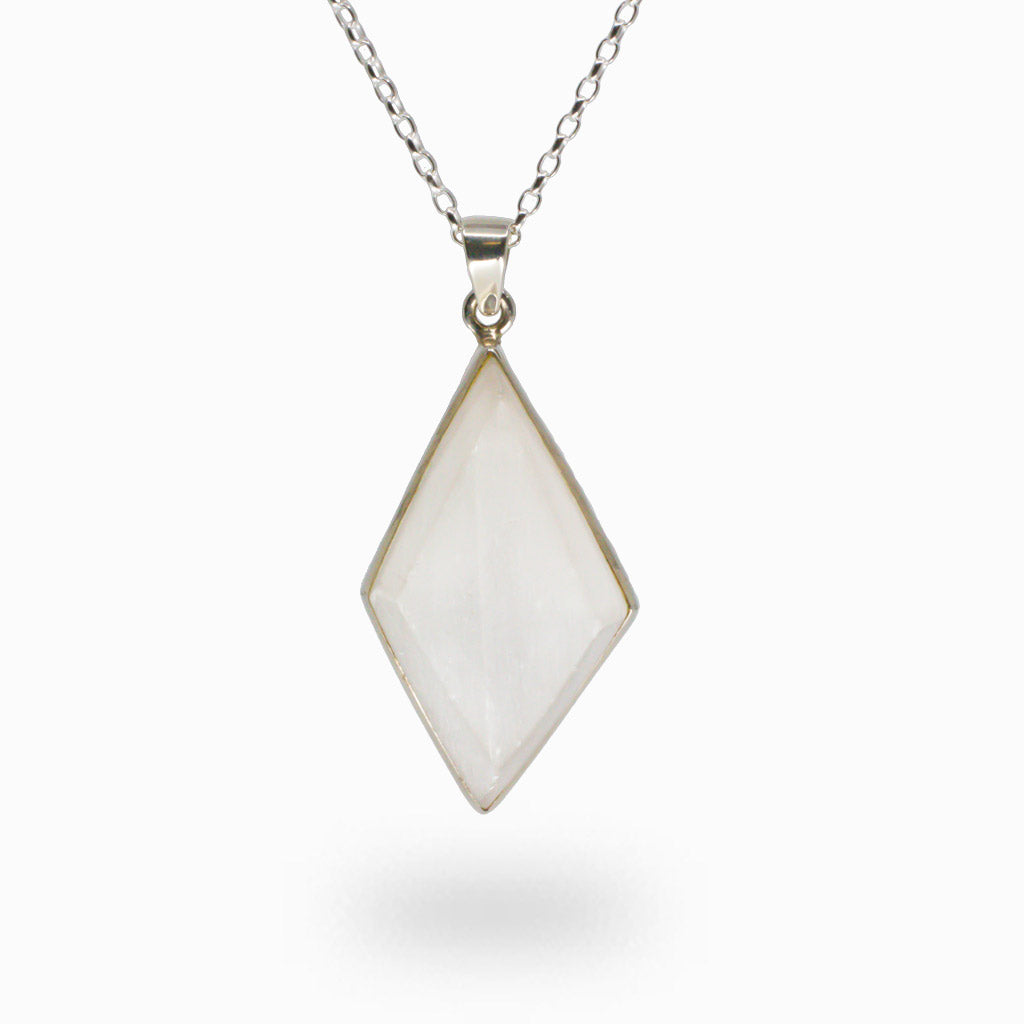 Diamond-shaped Selenite pendant in sterling silver with translucent white gemstone. | MADE IN EARTH