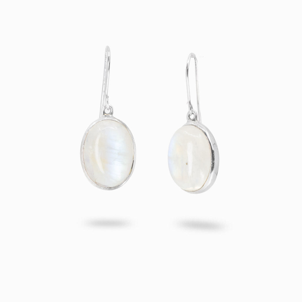 Oval rainbow moonstone cabochon drop earrings in sterling silver