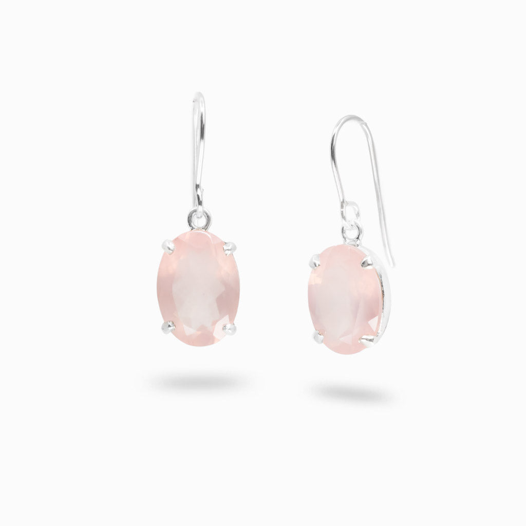 Faceted oval rose quartz claw set earrings in sterling silver