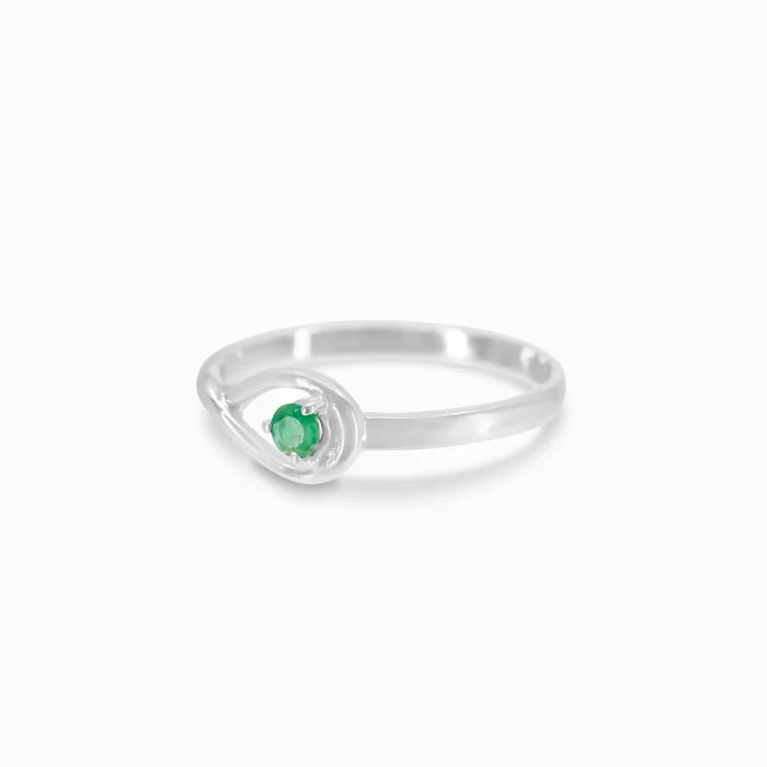 Round faceted green Emerald gemstone prong set in polished sterling silver ring.