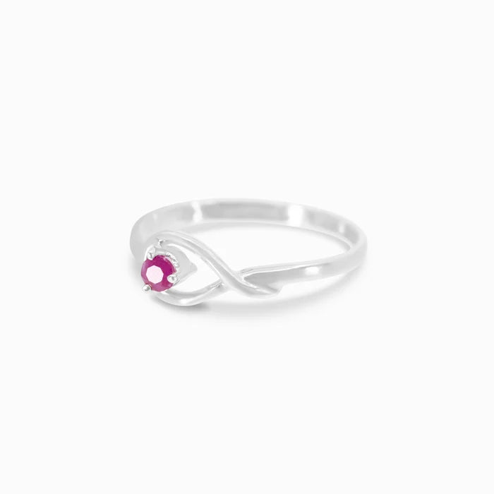 Round faceted Ruby gemstone prong set in polished sterling silver ring.