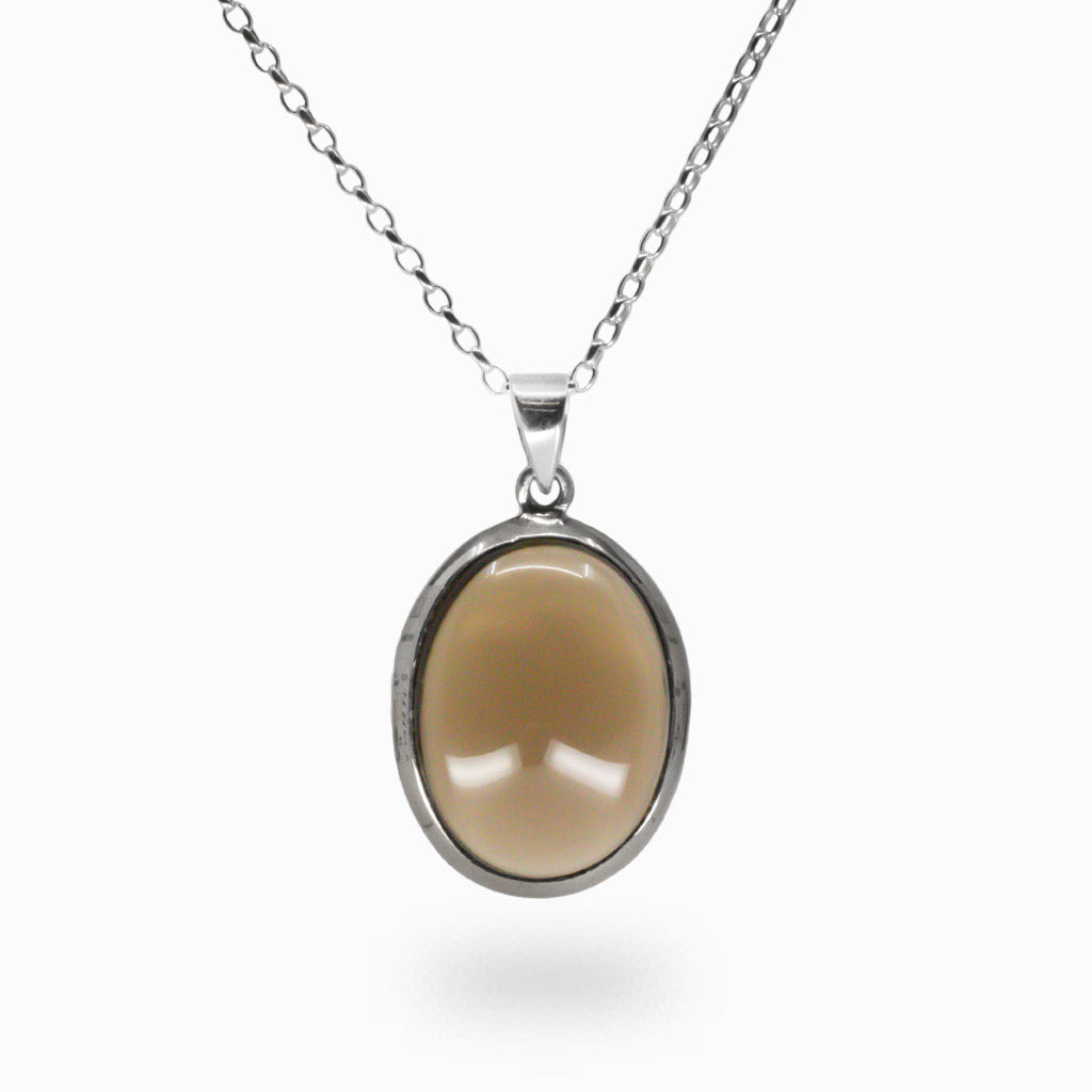 CABOCHON SMOKEY QUARTZ OVAL PENDANT WITH STERLING SILVER BEZEL