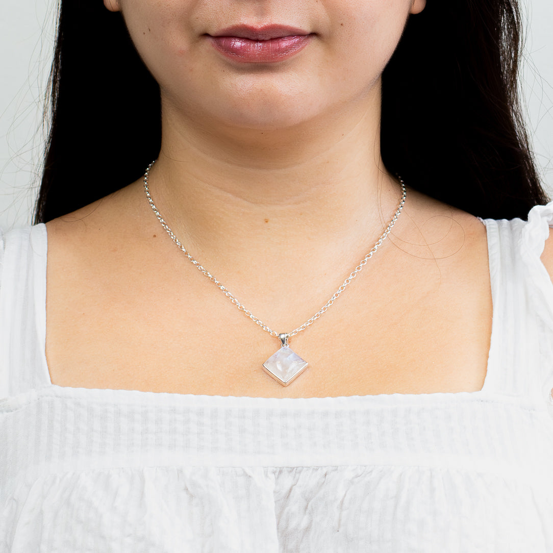 rainbow moonstone square cabochon necklace sterling silver white moonstone blue flash pendant