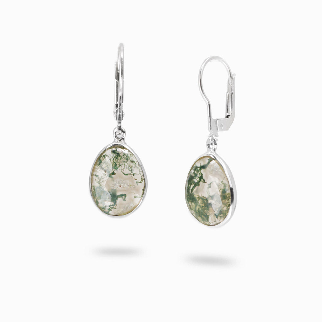 Natural moss agate teardrop earrings in sterling silver