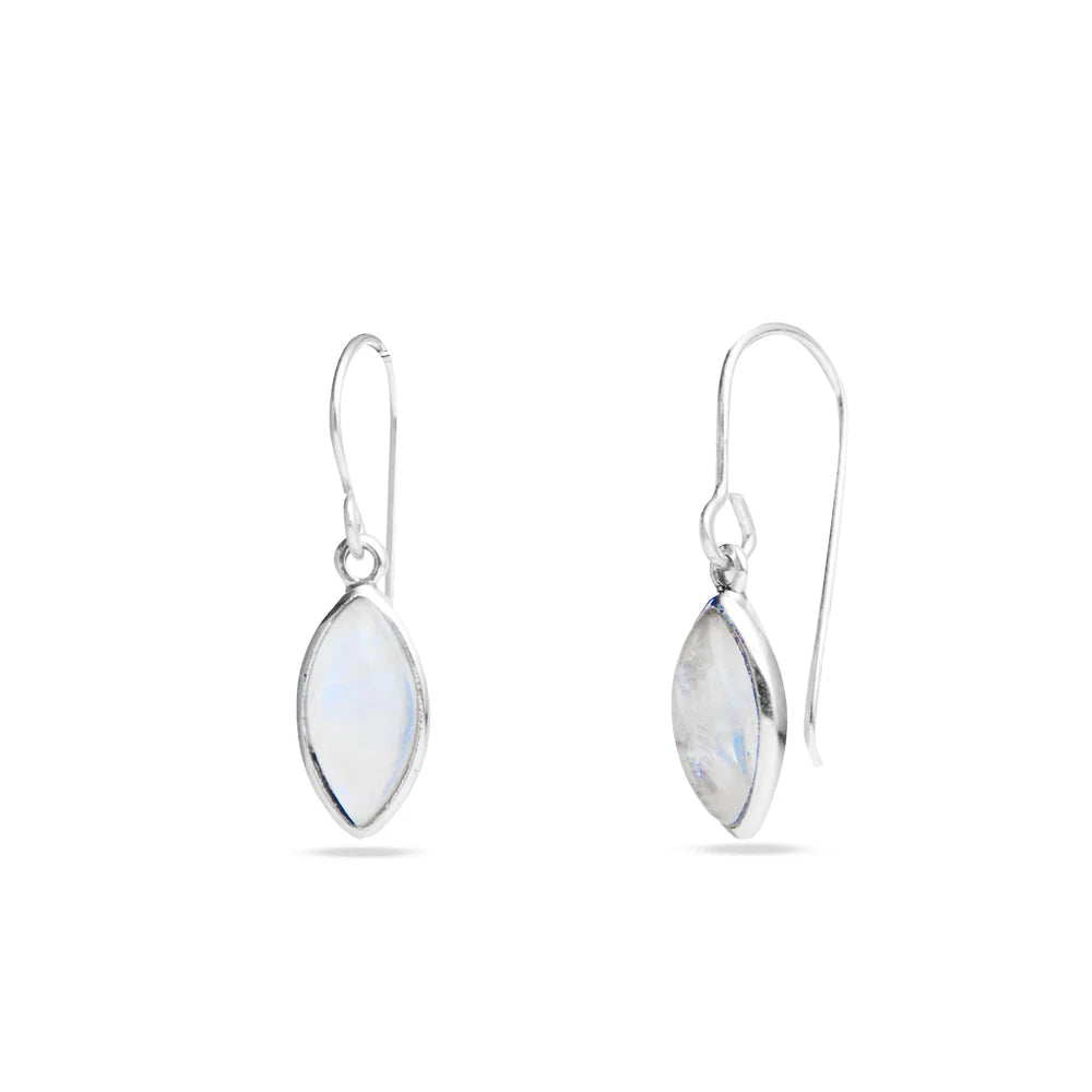 rainbow moonstone drop earrings sterling silver marquise cabochon blue flash