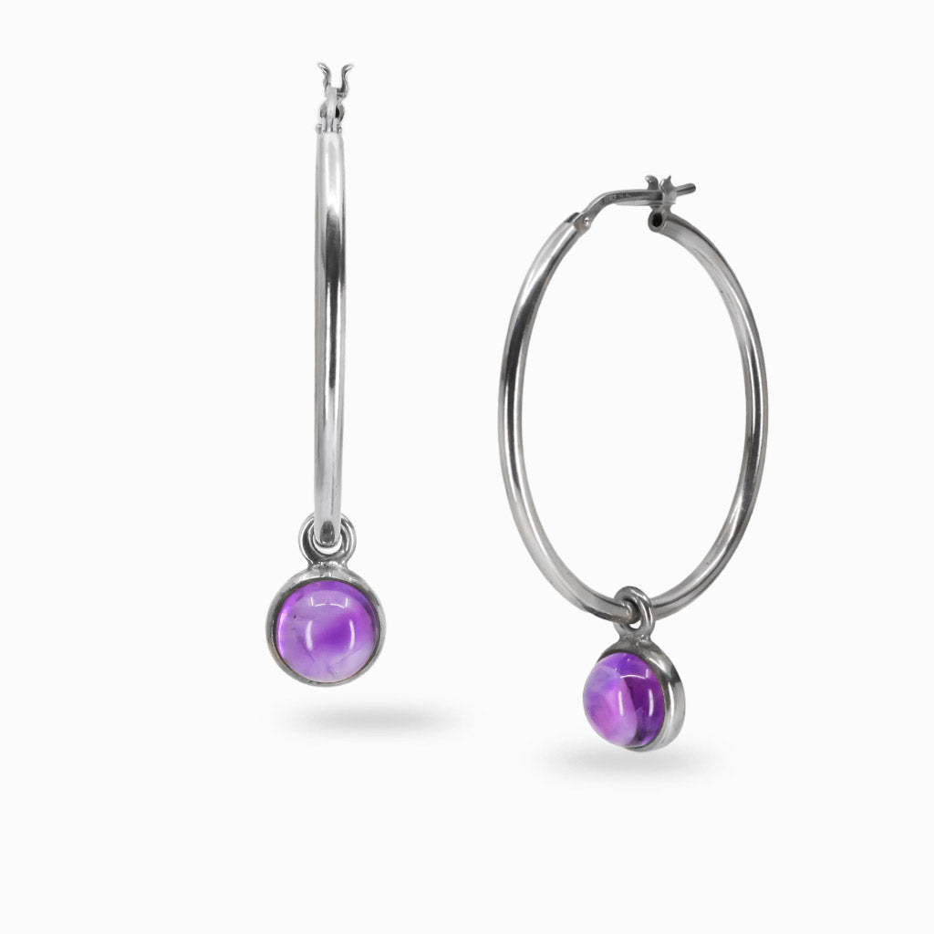 cabochon round amethyst hoop charms sterling silver bezel gemstone earring charms purple amethyst jewelry