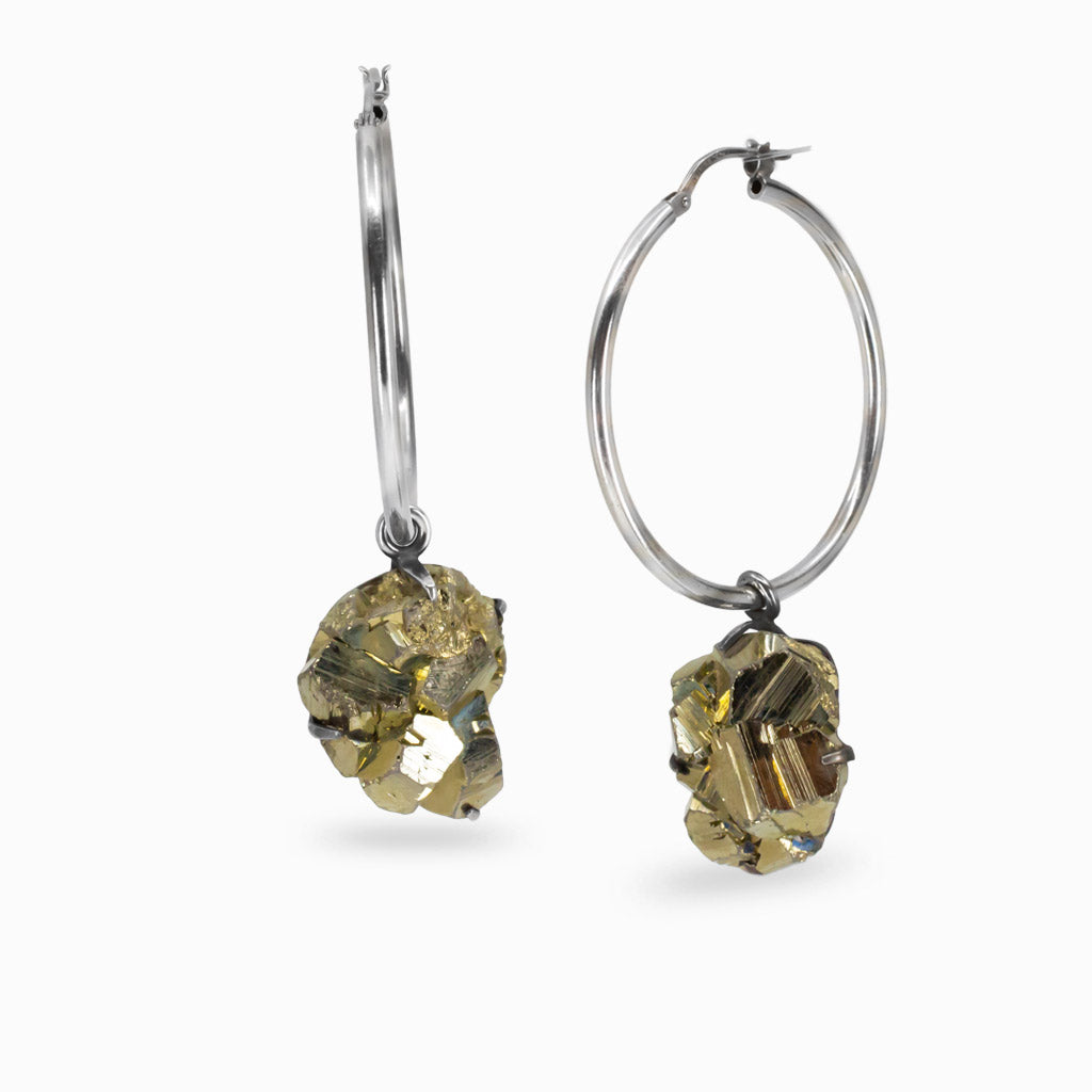 Raw pyrite crystal cluster hoop charms in sterling silver setting