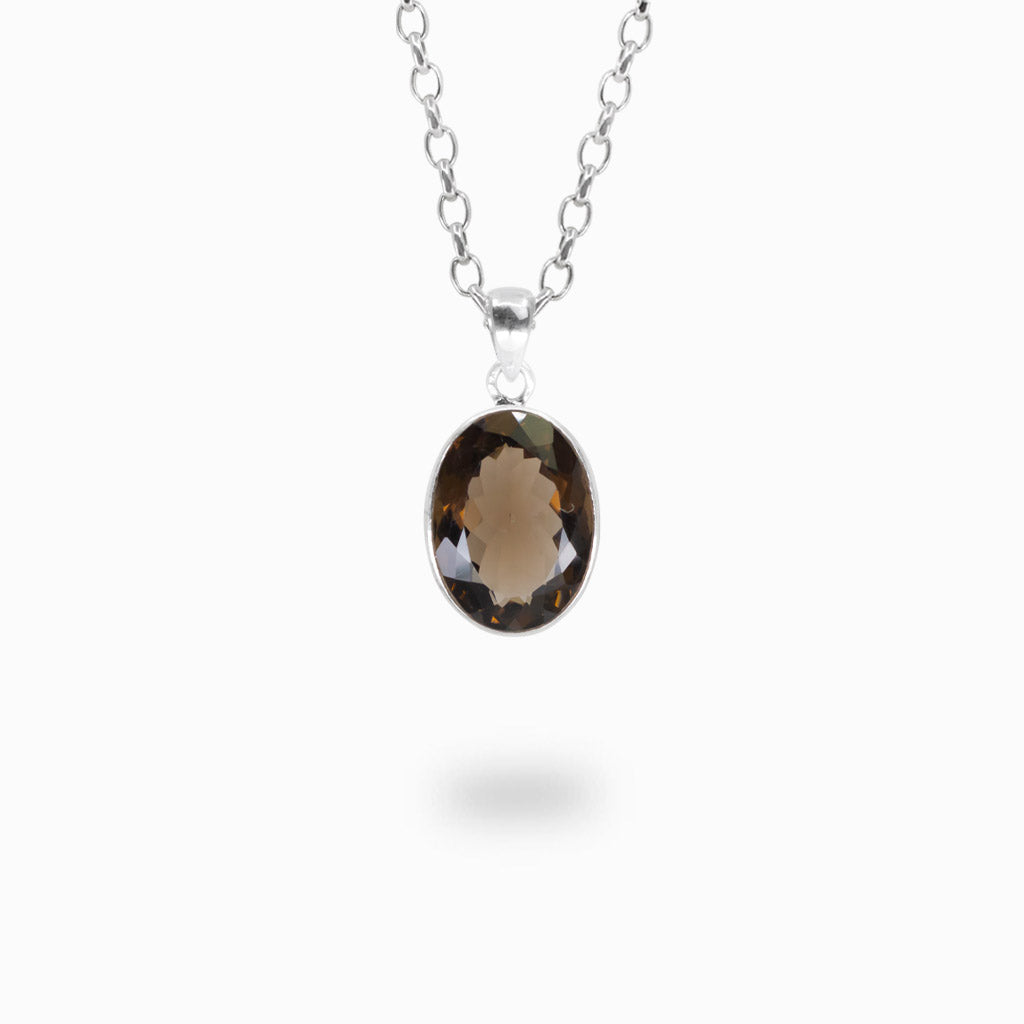 Faceted smoky quartz oval necklace in sterling silver