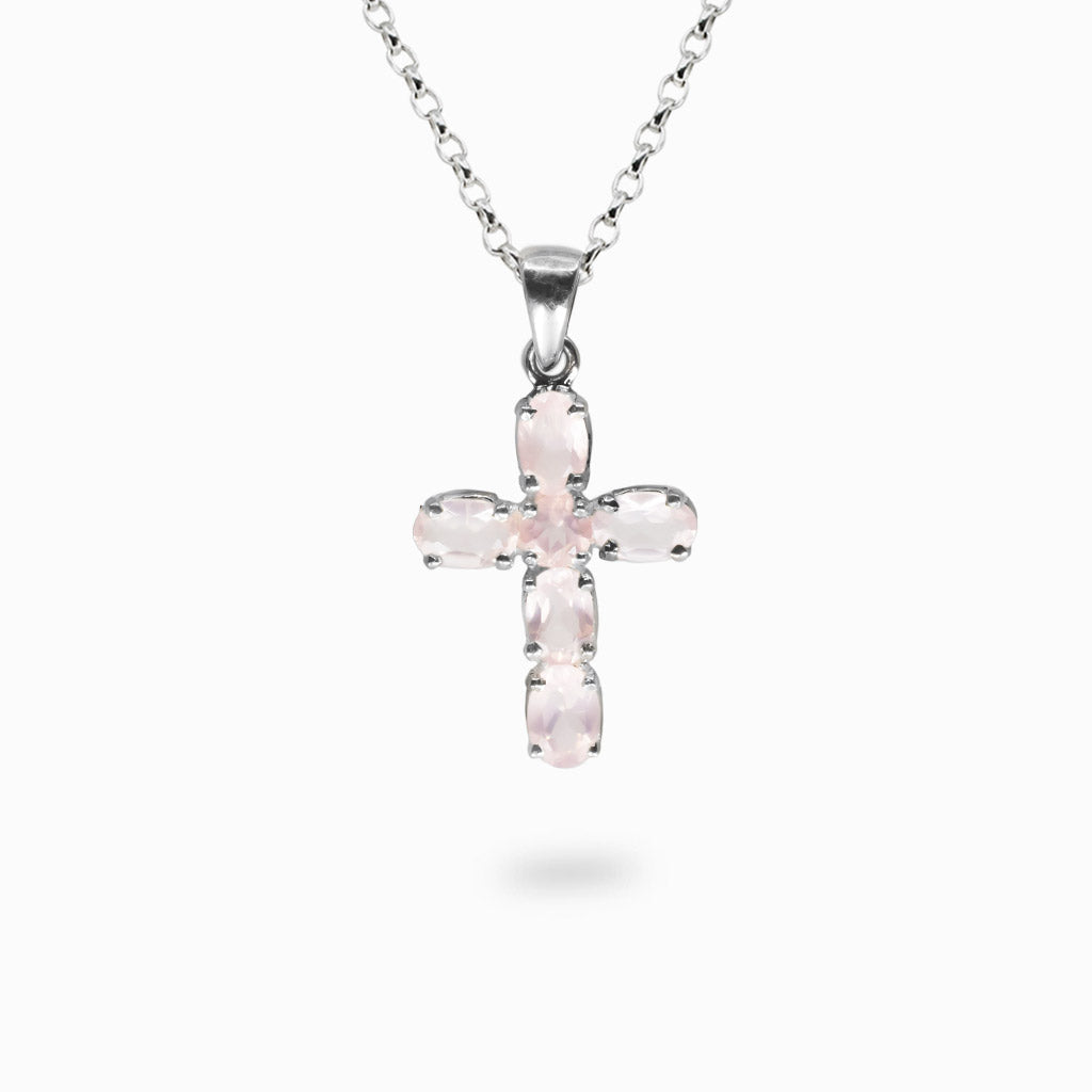 Rose Quartz faceted cross pendant set in sterling silver on a chain. | MADE IN EARTH