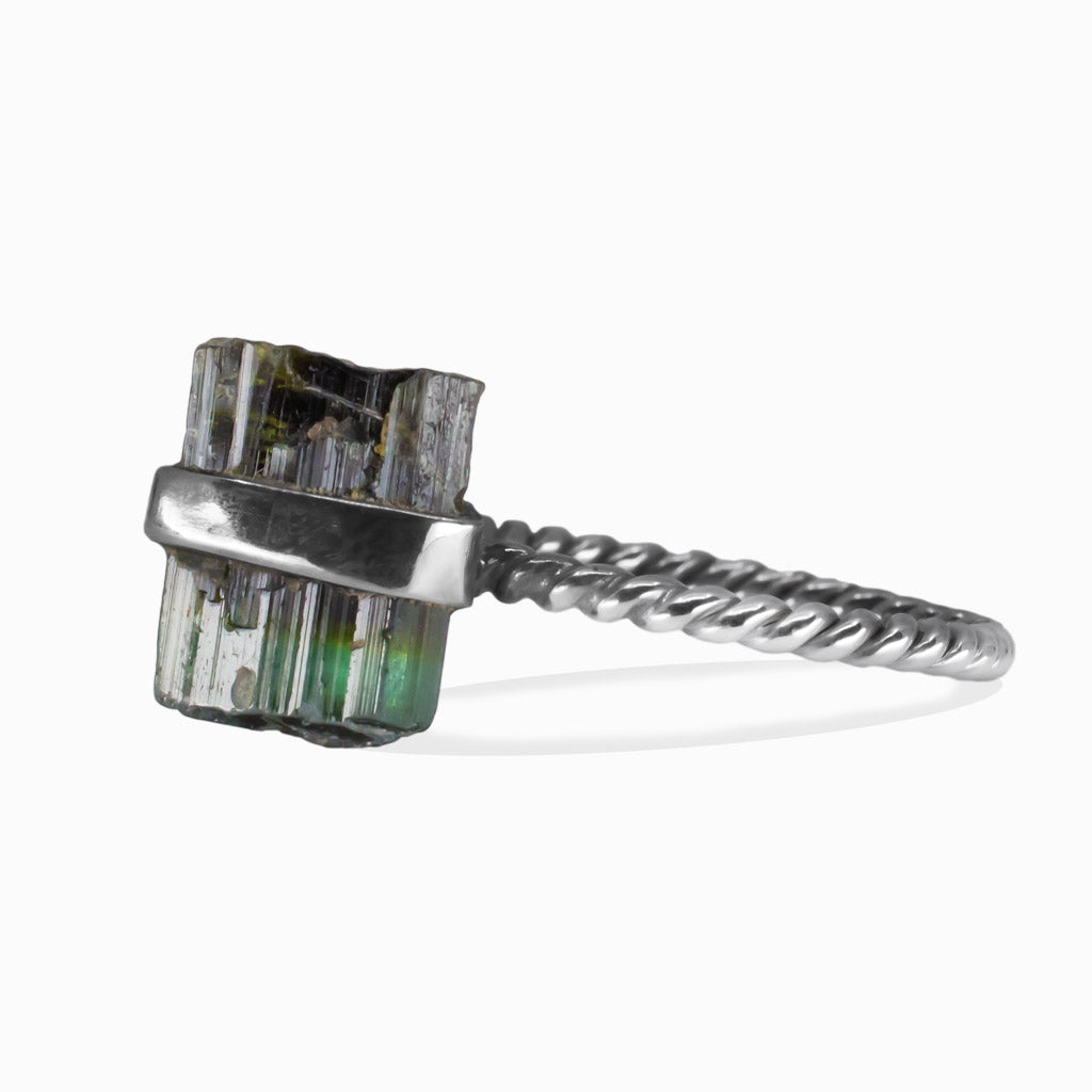 RAW GREEN TOURMALINE RING STERLING SILVER WITH ROPE BAND | MADE IN EARTH