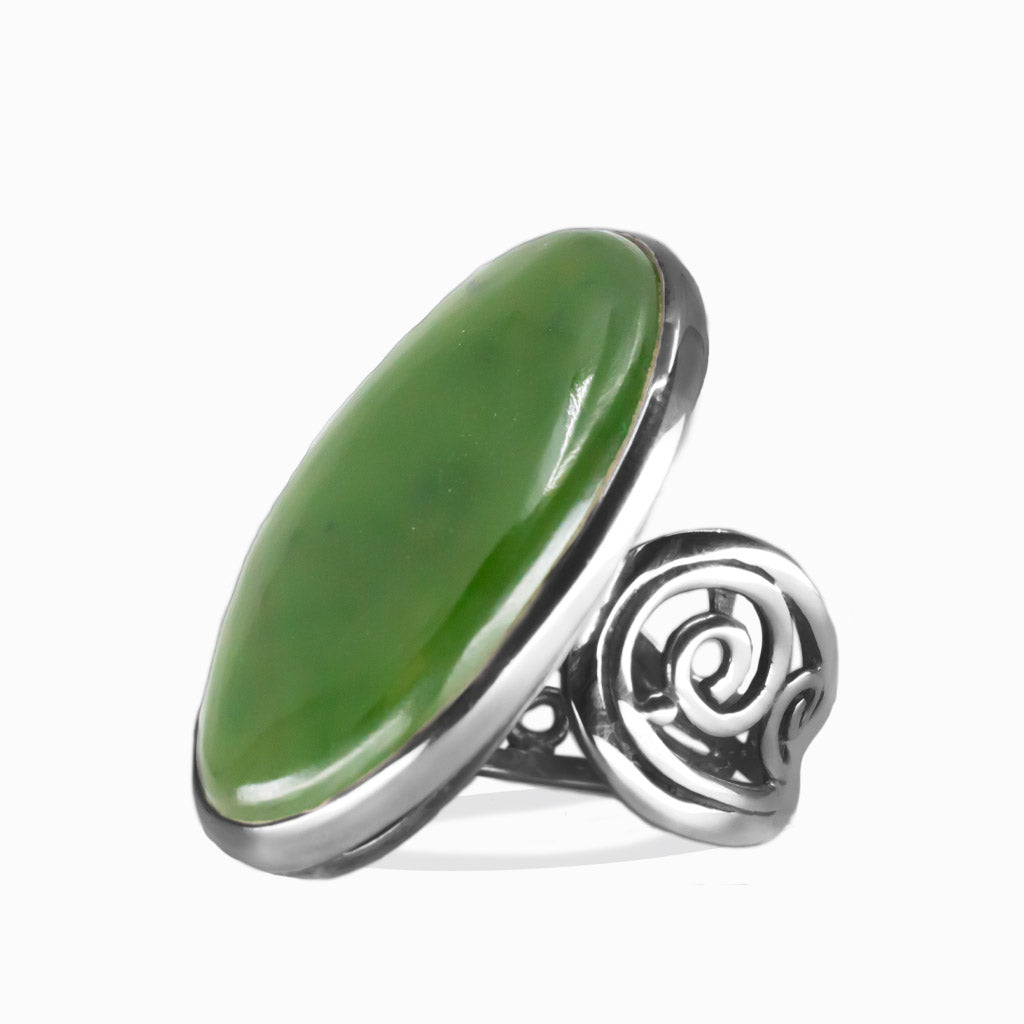 OVAL CABOCHON NEPHRITE JADE RING STERLING SILVER FILAGREE BAND | MADE IN EARTH