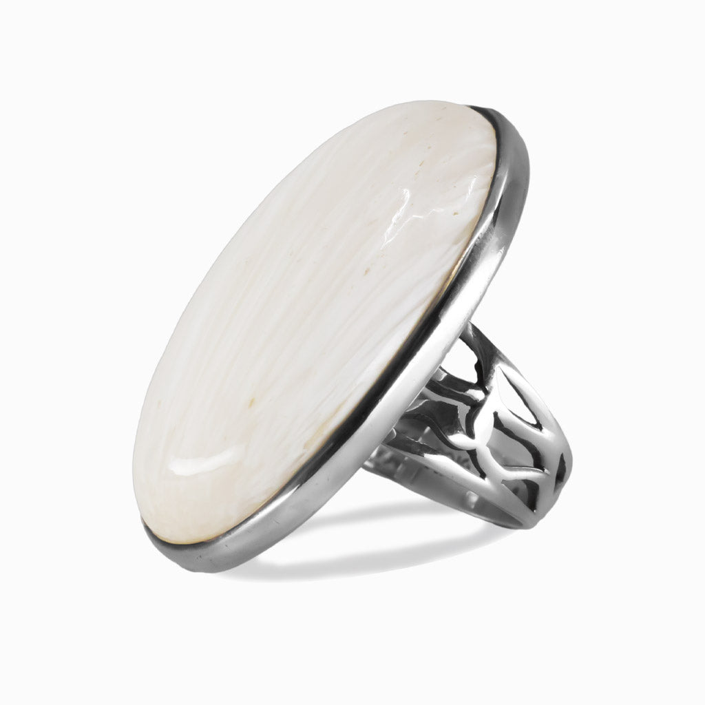 CABOCHON OVAL WHITE SCOLECITE RING STERLING SILVER | MADE IN EARTH