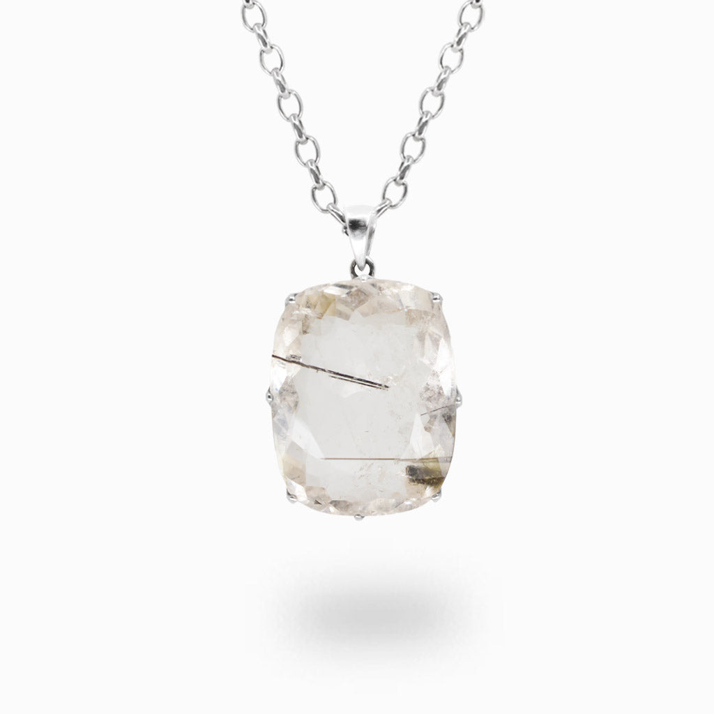 Faceted rectangular Tourmalinated Quartz pendant necklace featuring clear quartz with natural black tourmaline inclusions.