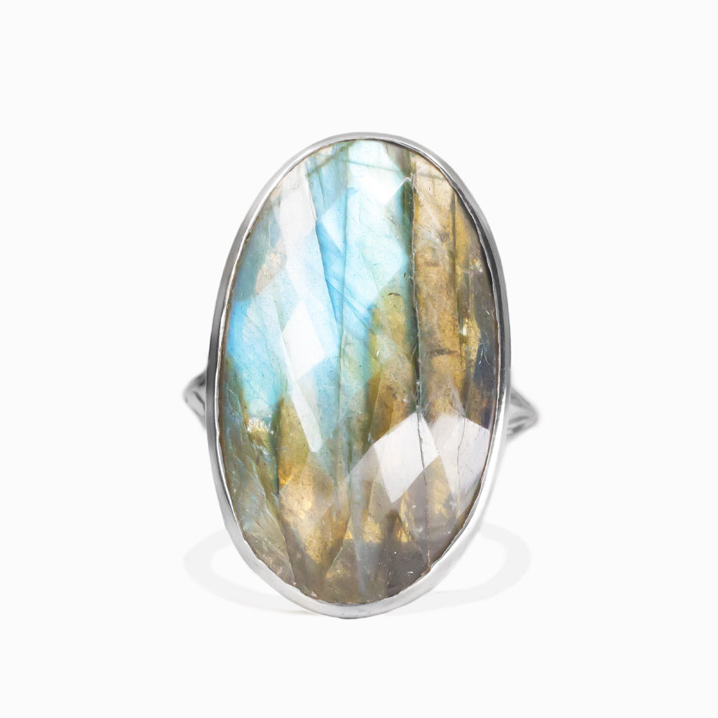 FACETED LABRADORITE OVAL RING WITH DESIGNED BAND STERLING SILVER | MADE IN EARTH