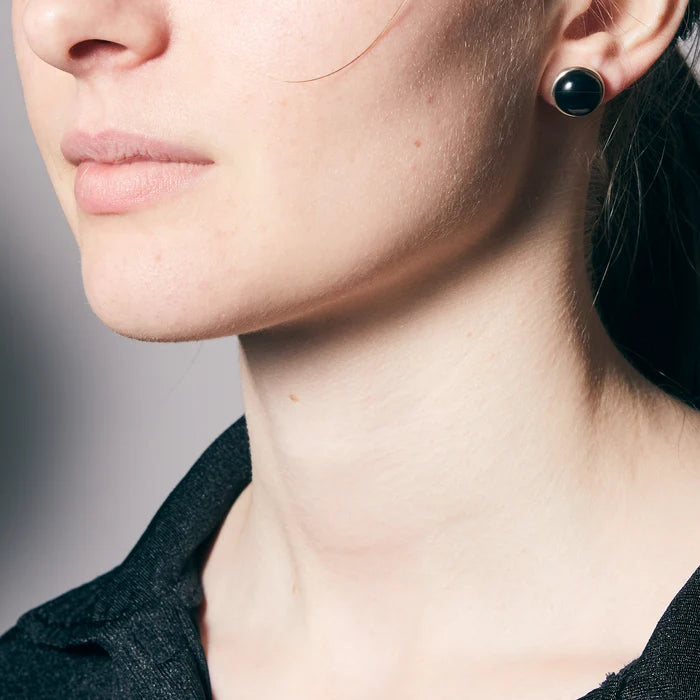 Round Black Onyx cabochon gemstones bezel set in polished sterling silver stud earrings