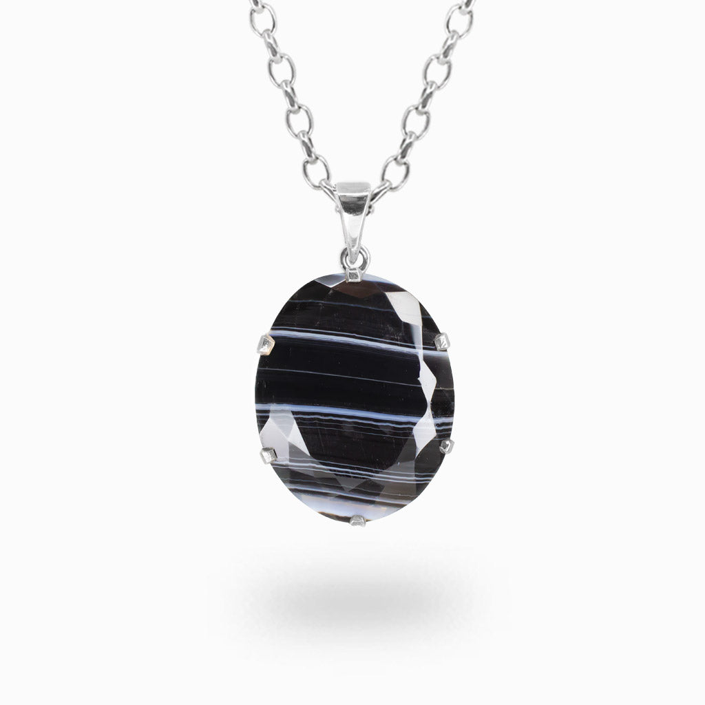 Faceted oval Banded Agate pendant necklace in sterling silver featuring natural black and white banding.