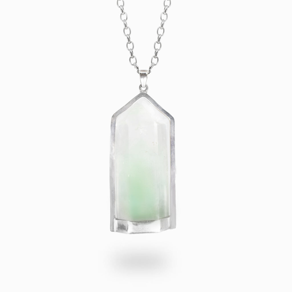 Celadonite Phantom crystal point pendant necklace in sterling silver featuring natural green phantom formations.