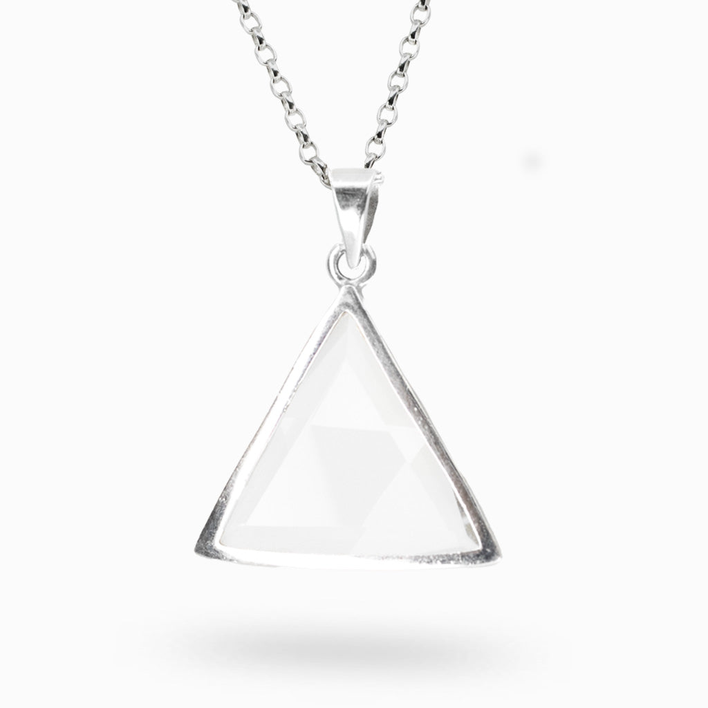 Silver triangle CLEAR QUARTZ pendant necklace on a white background